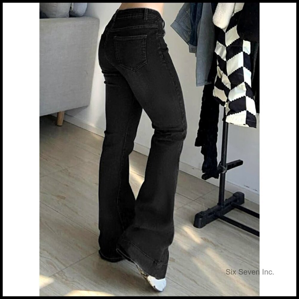 Stretchy Bell Bottom Jeans Mid-Low Rise Skinny Fit Y2K Retro Flare Pants - Picture 3 of 7
